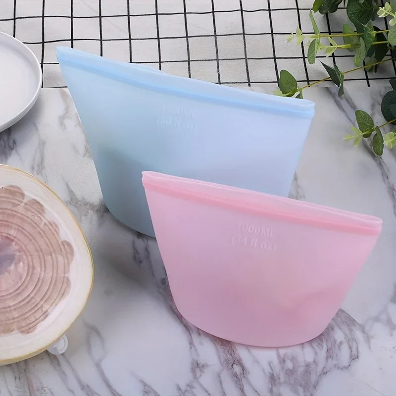 3PCS Reusable Silicone Food Storage Bags – Leakproof Ziplock Containers (500ml–1500ml)